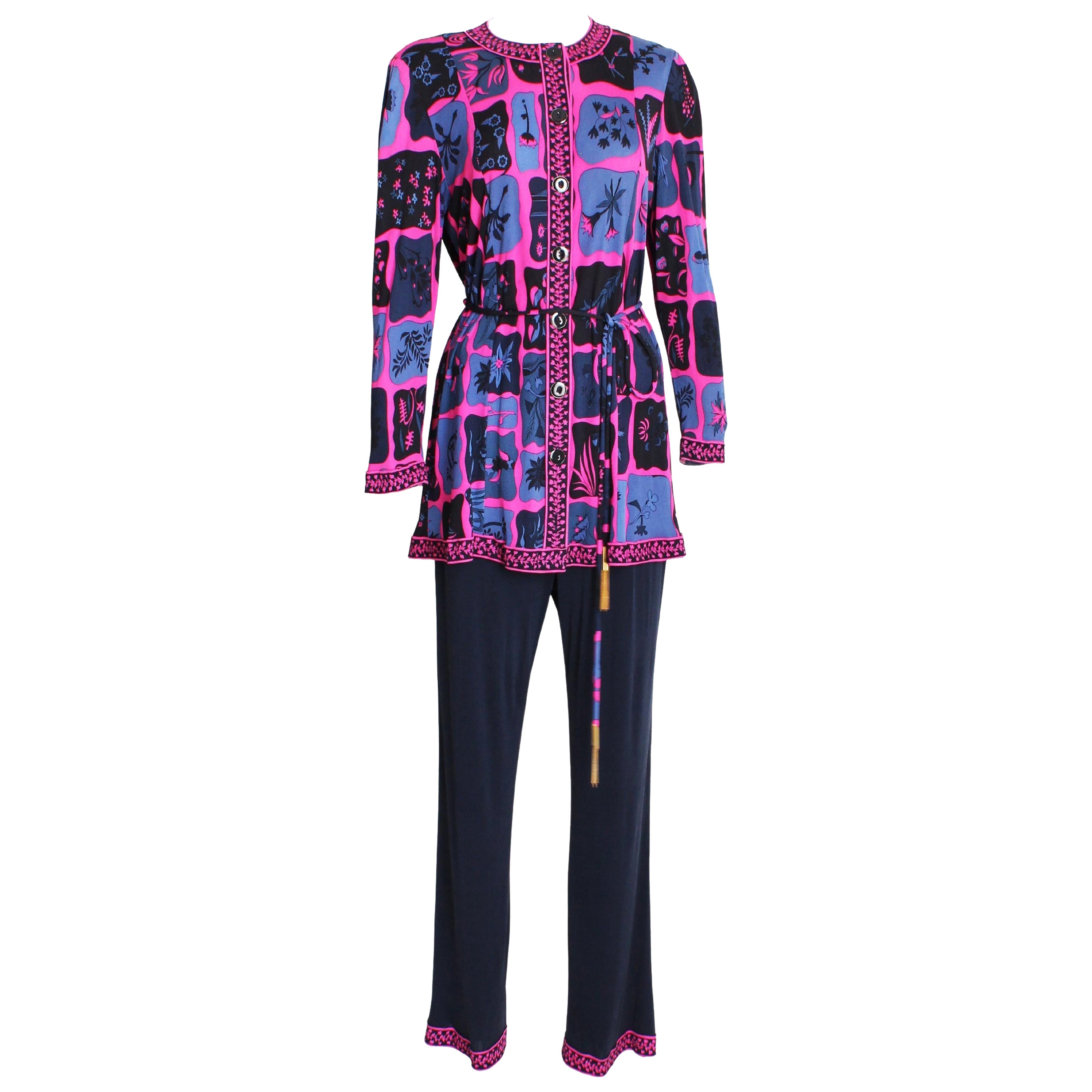 Averardo Bessi 3-Piece Silk Jersey Pants Suit Floral Print Size 44 Italy 1990s in vendita