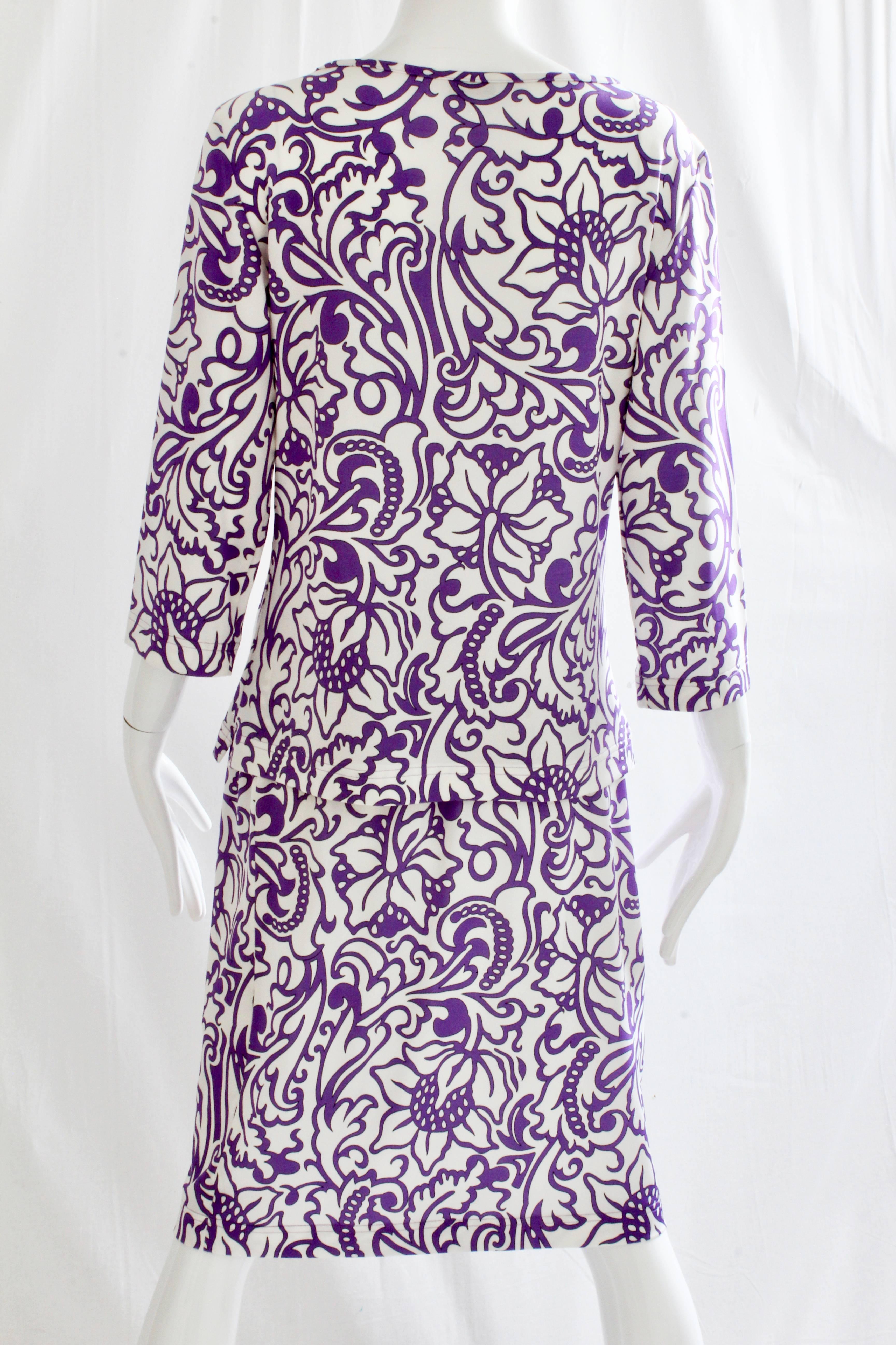 Averardo Bessi Blouse & Skirt Suit 2pc Purple White Floral Abstract Italy 12/10 In Good Condition In Port Saint Lucie, FL