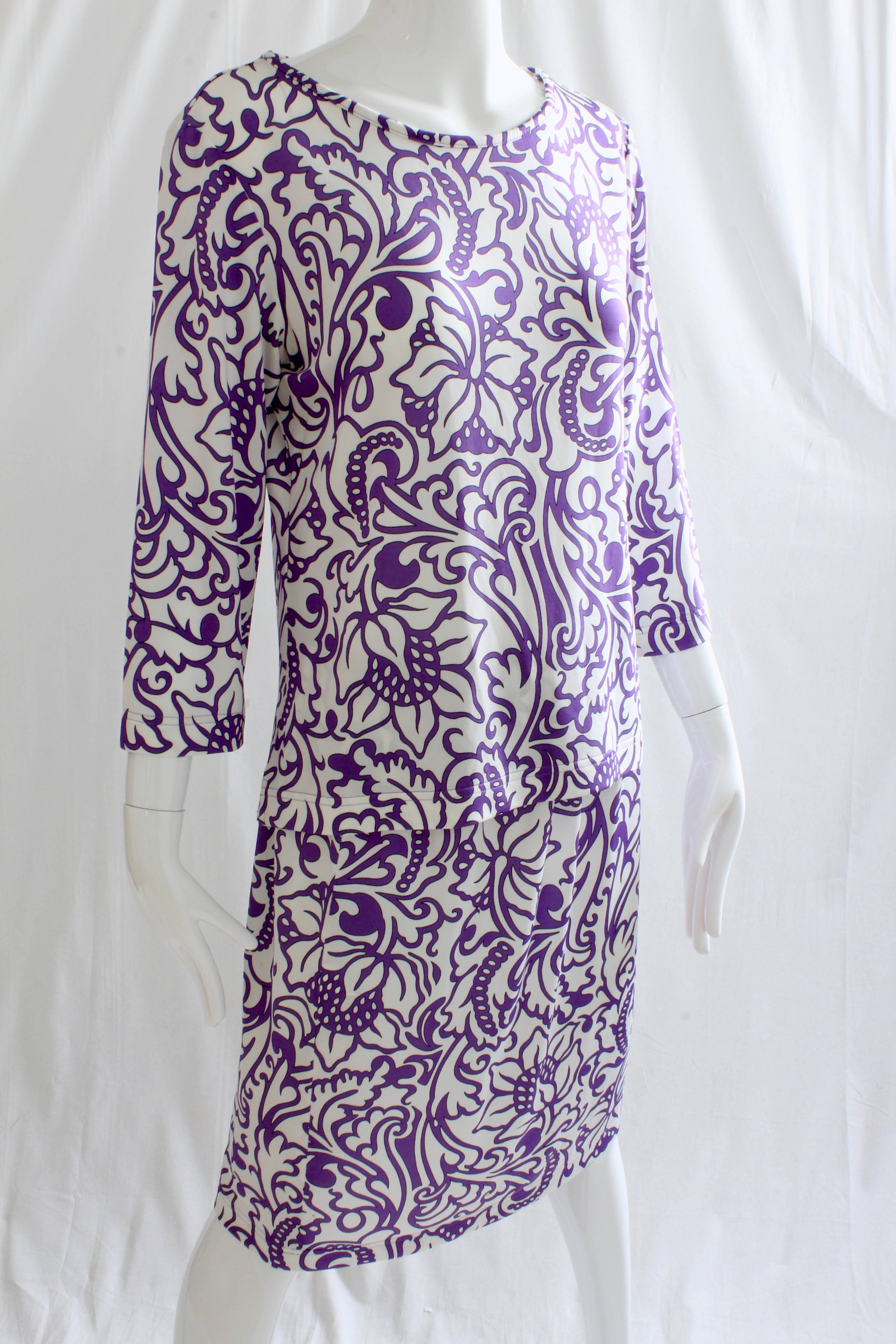Averardo Bessi Blouse & Skirt Suit 2pc Purple White Floral Abstract Italy 12/10 2