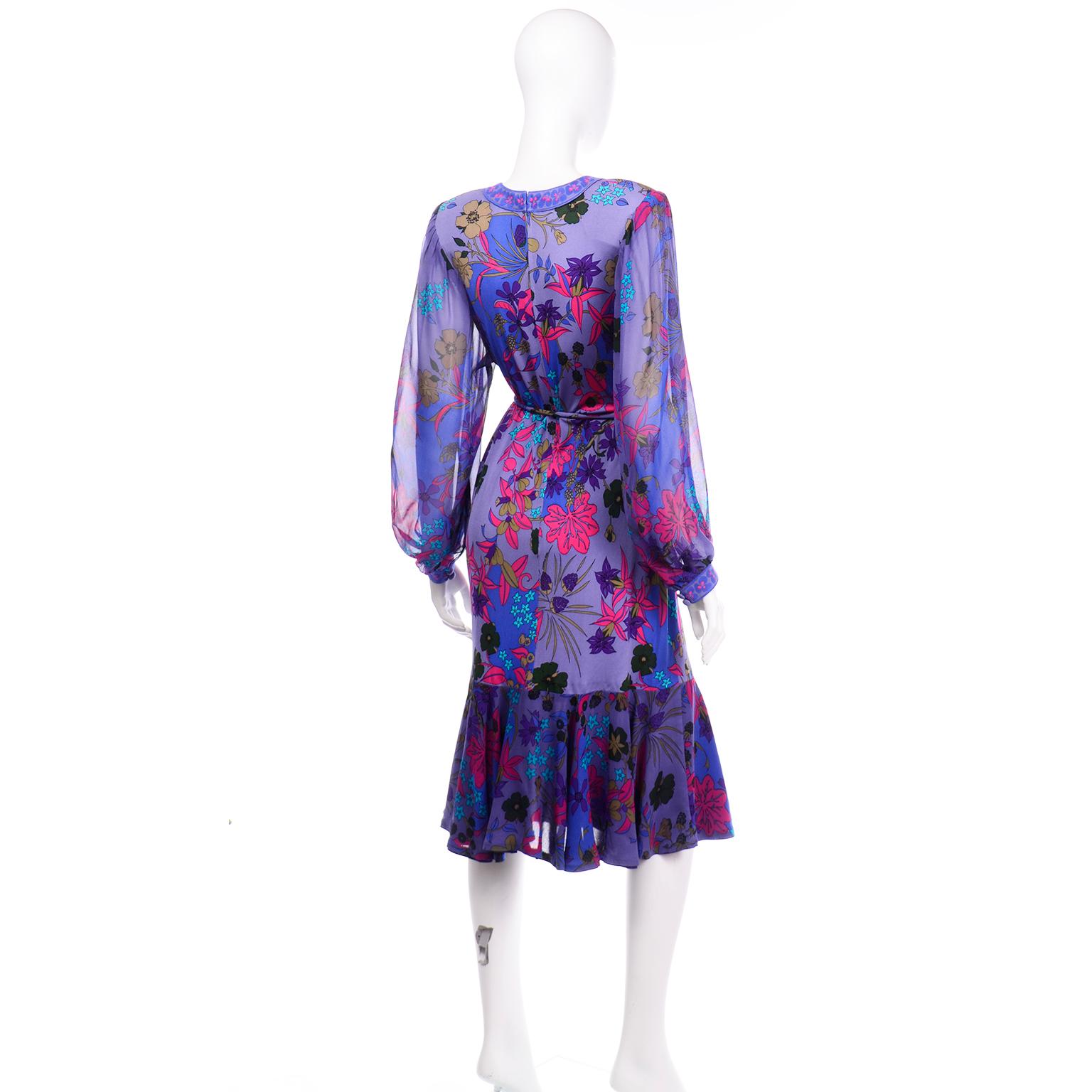 Averardo Bessi Italy Vintage Purple Floral Silk Jersey Dress With Belt In Excellent Condition In Portland, OR