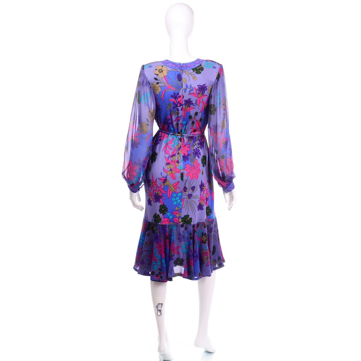 Women's Averardo Bessi Italy Vintage Purple Floral Silk Jersey Dress With Belt