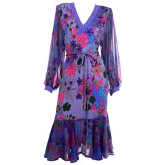 Averardo Bessi Italy Vintage Purple Floral Silk Jersey Dress With Belt