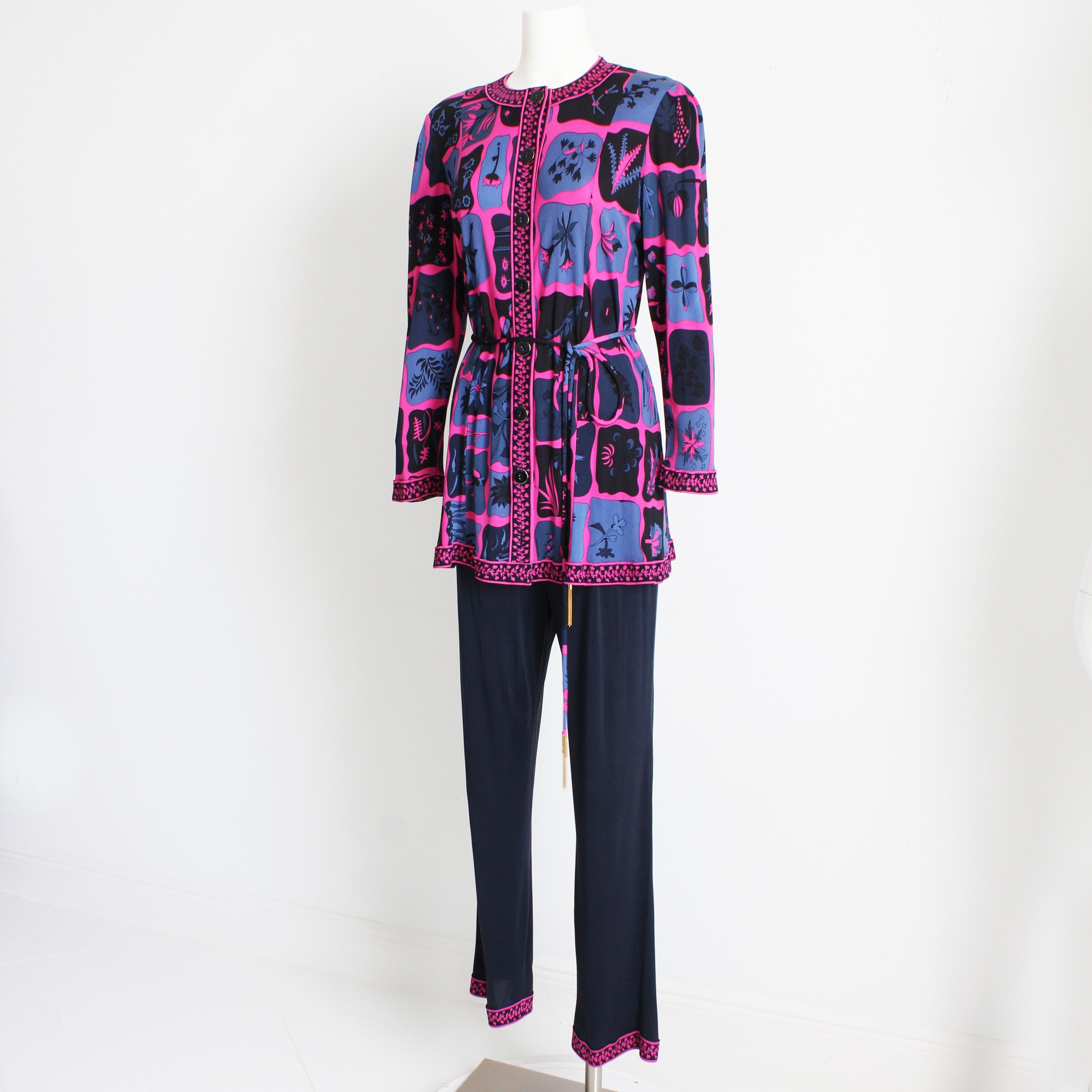 Averardo Bessi Anzug Top Hose Gürtel 3pc Seide Jersey Floral Print Größe 44 Seltene 90er Jahre im Angebot 4