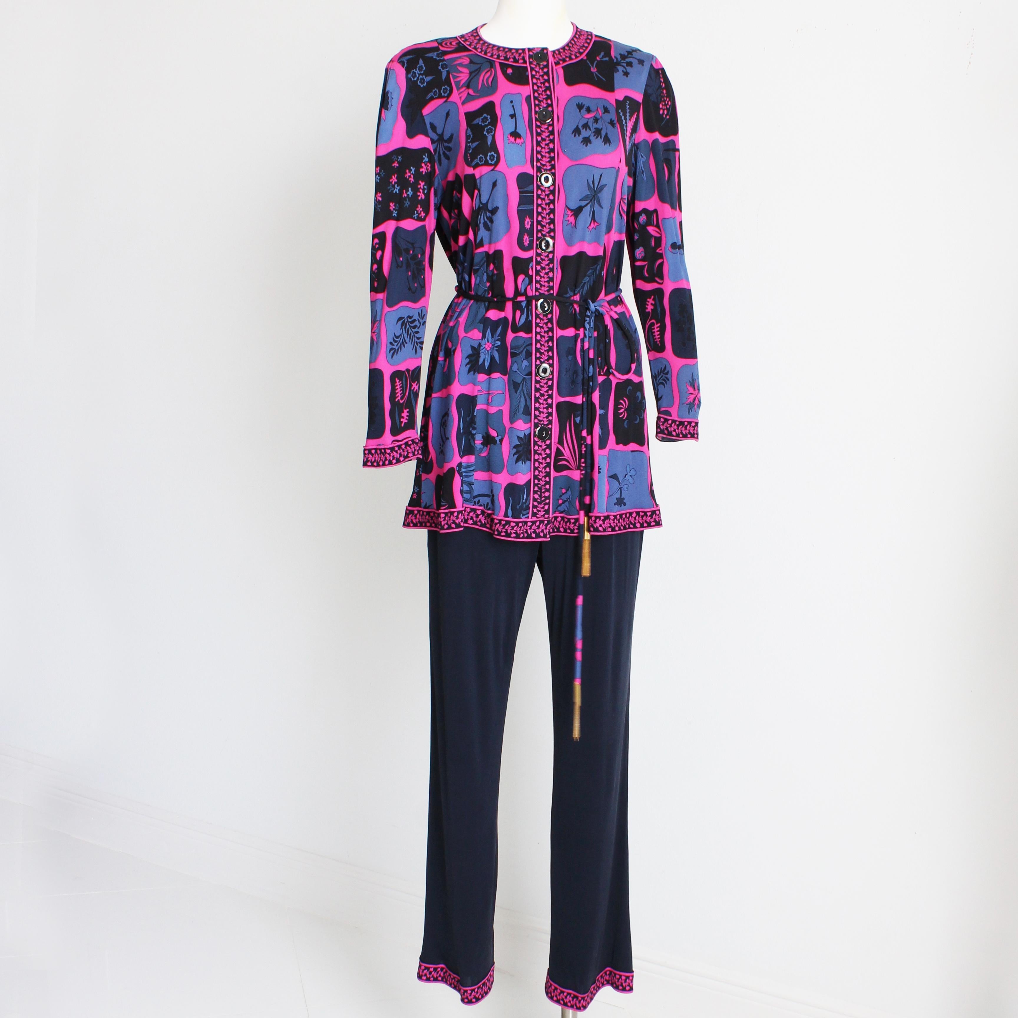 Averardo Bessi Suit Top Pants Belt 3pc Silk Jersey Floral Print Size 44 Rare 90s For Sale 5