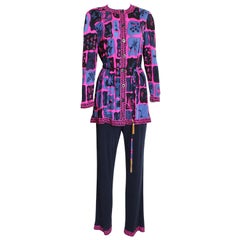 Averardo Bessi Anzug Top Hose Gürtel 3pc Seide Jersey Floral Print Größe 44 Seltene 90er Jahre