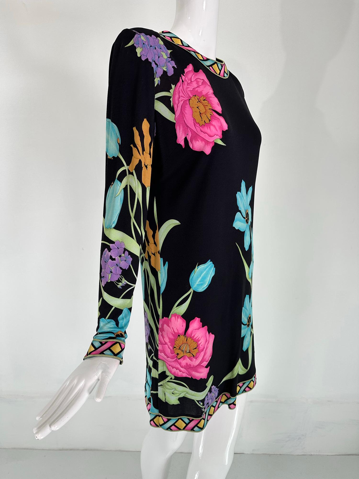 Black Averaro Bessi Spectacular Silk Vibrant Floral Tunic Dress 12  For Sale
