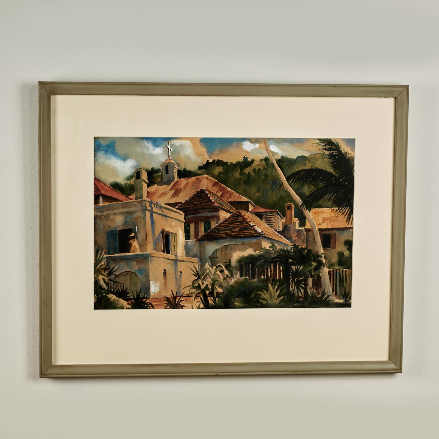 Pintura tropical en acuarela con edificios por Avery Johnson