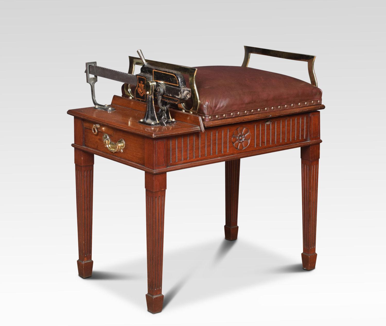 Avery Jockey scales the seat upholstered in leather above the mahogany base with carved frieze raised up on four squares tapering fluted legs
Dimensions:
Height 27.5 inches
Length 25.5 inches
width 19 inches.