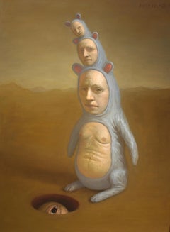 Un descubrimiento peculiar, Avery Palmer, Pintura al óleo, figuras surrealistas pop que viajan