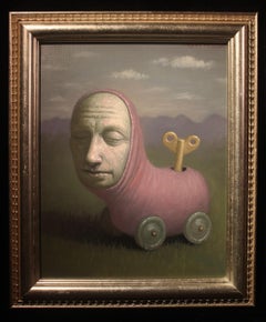 Remnant of Chilhood, Avery Palmer, Oil painting, pop surreal figure as pink toy