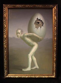 The Precious Burden by Avery Palmer, oil painting w pop surrealist figure & egg