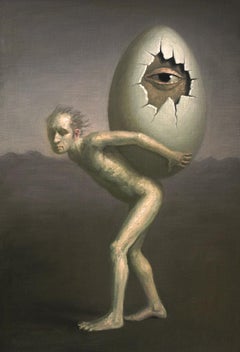 The Precious Burden by Avery Palmer, oil painting w pop surrealist figure & egg