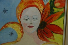 Peinture de fantaisie figurative féminine tropicale, acrylique sur panneau, 1980