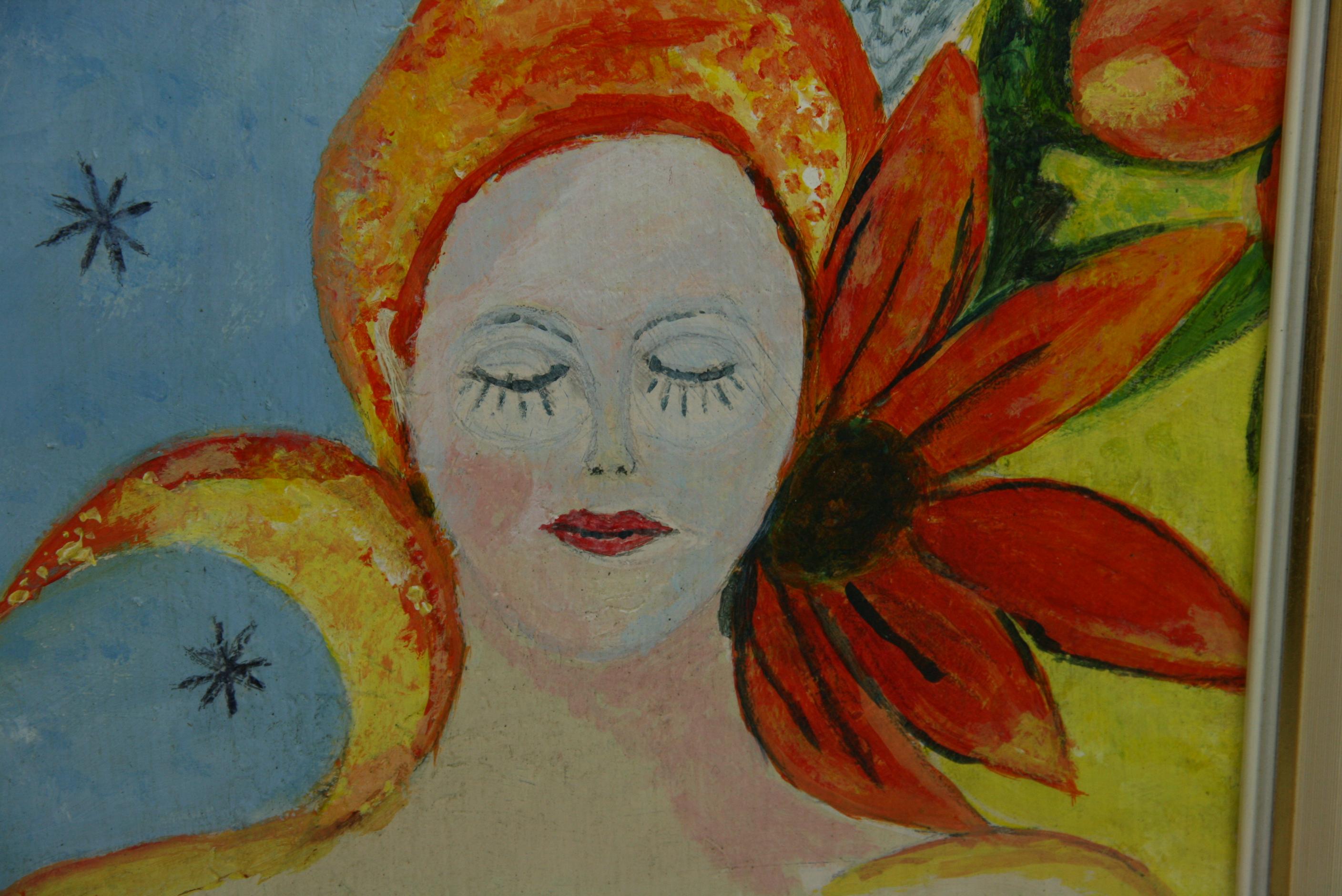 Vintage Tropical Italiano   Mujer  Fantasía Figurativa Años 70 - Figurative Painting Gris de A.Vespa