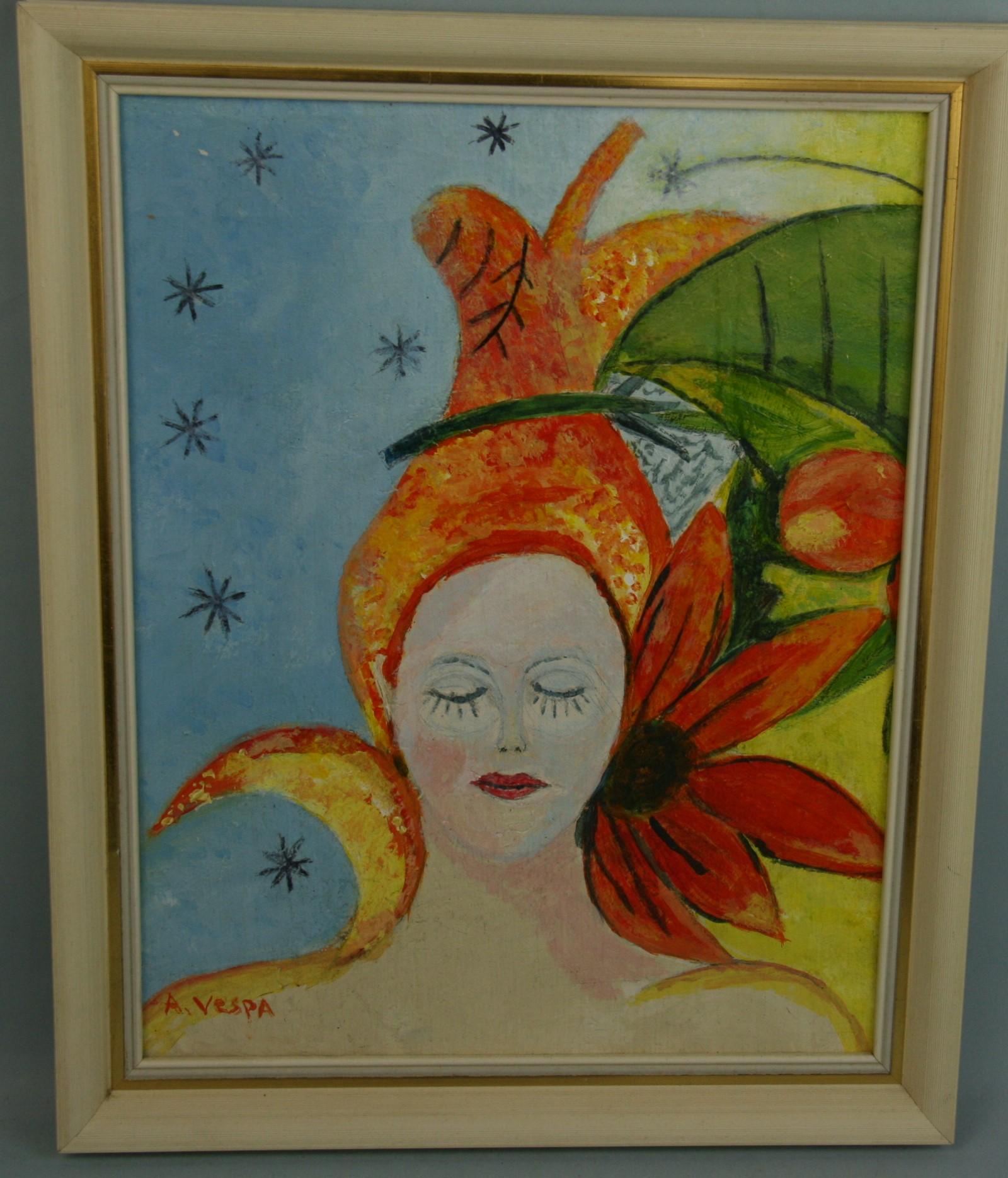 Figurative Painting de A.Vespa - Vintage Tropical Italiano   Mujer  Fantasía Figurativa Años 70