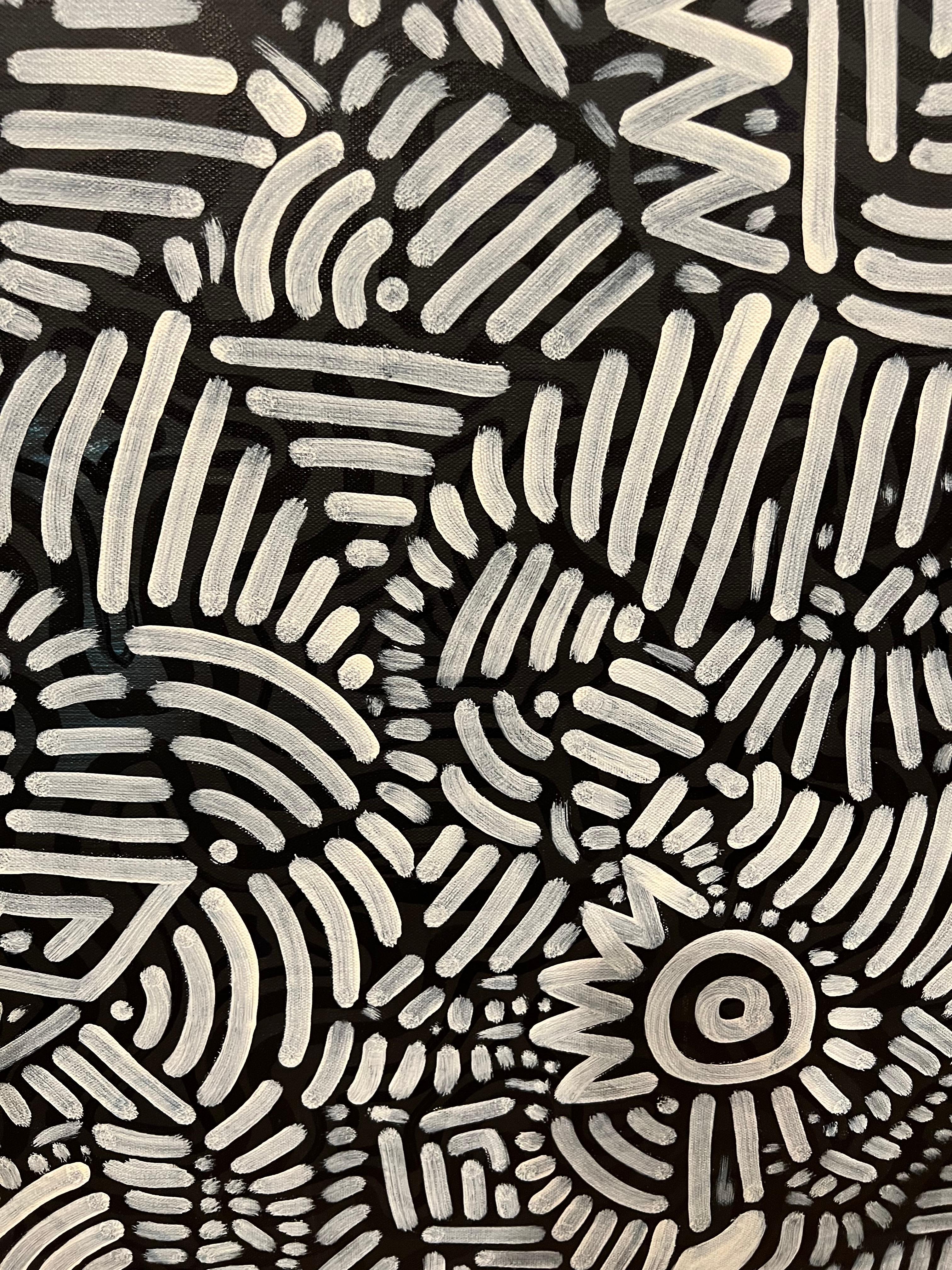 Contemporary black and white geometric abstract painting, created with acrylic and UV reactive acrylic accents as a unique surprise effect. 
This artist draws inspiration from the great Keith Haring and creates beautiful and mesmerizing compositions