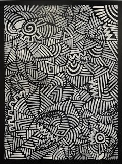 Peinture contemporaine abstraite en noir et blanc, inspirée de Keith Haring.