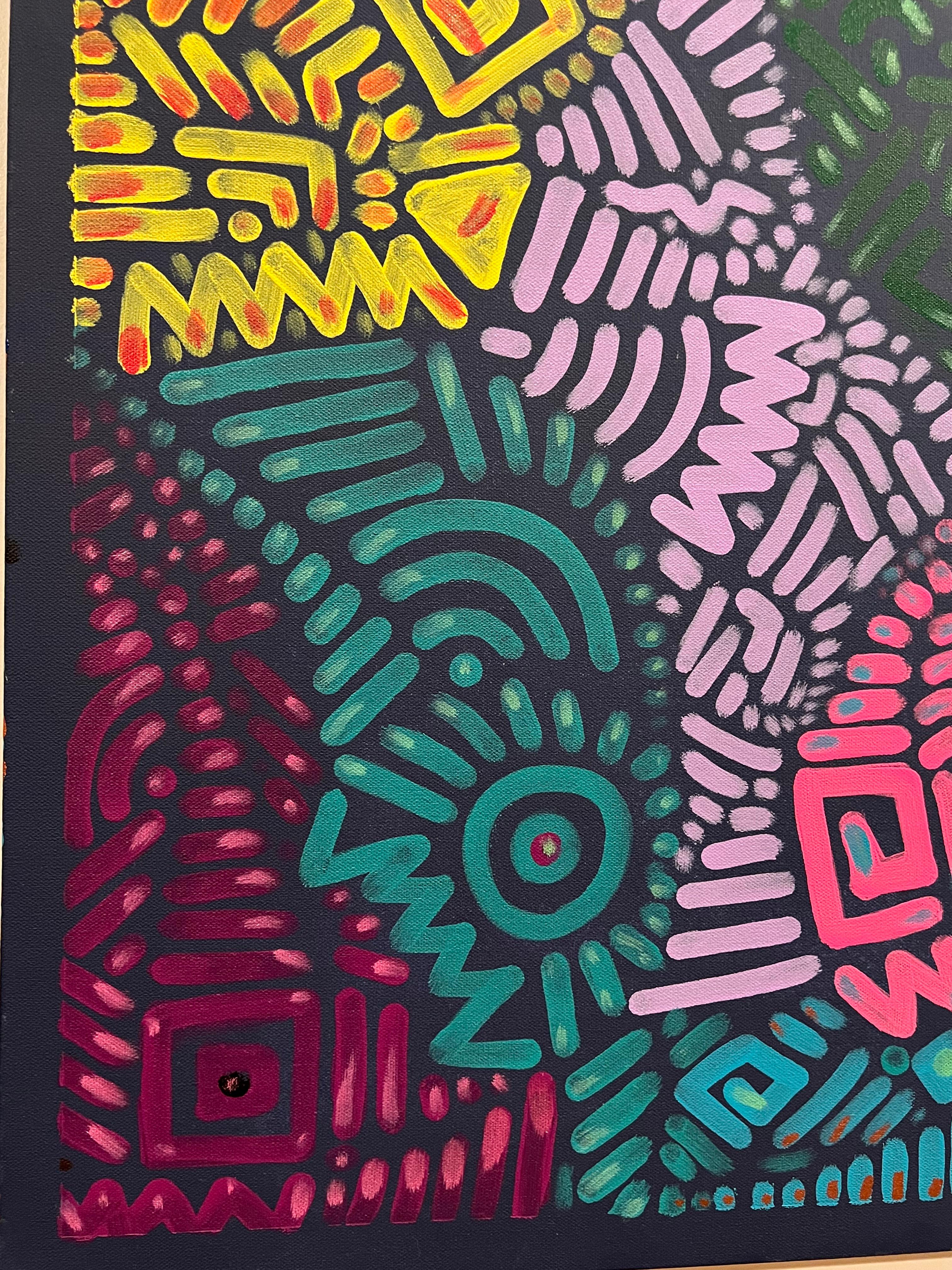 A truly unique and vibrant original abstract painting. Created with acrylic and UV reactive acrylic accents as a unique surprise effect. 
This artist draws inspiration from the great Keith Haring and creates beautiful and mesmerizing compositions