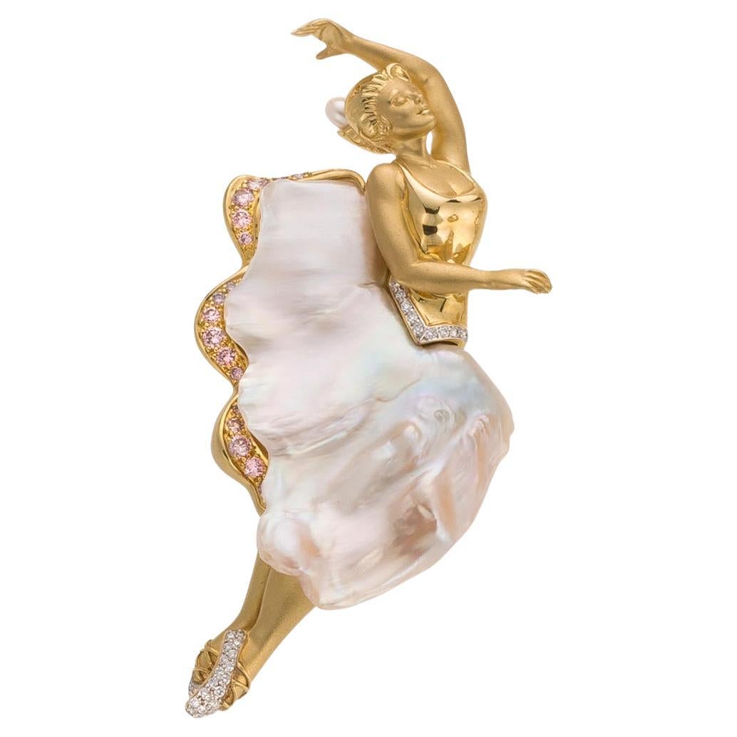 Avi A&Z 18k Yellow Gold Cultured Pearl Ballerina Brooch w/ Pink & White Diamond