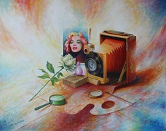 Antique camera and Marylin, Figurative Painting, 80X100 cm, New