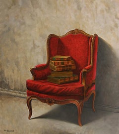 Books on red sofa Figurative Painting, 90x80 cm, New