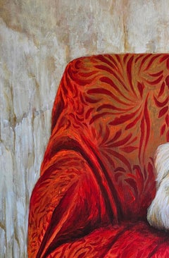 Dog on red sofa Figurative Painting, 80x70 cm, New