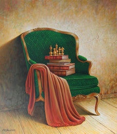 Fauteuil en velours émeraude Peinture figurative, 80x70 cm, New