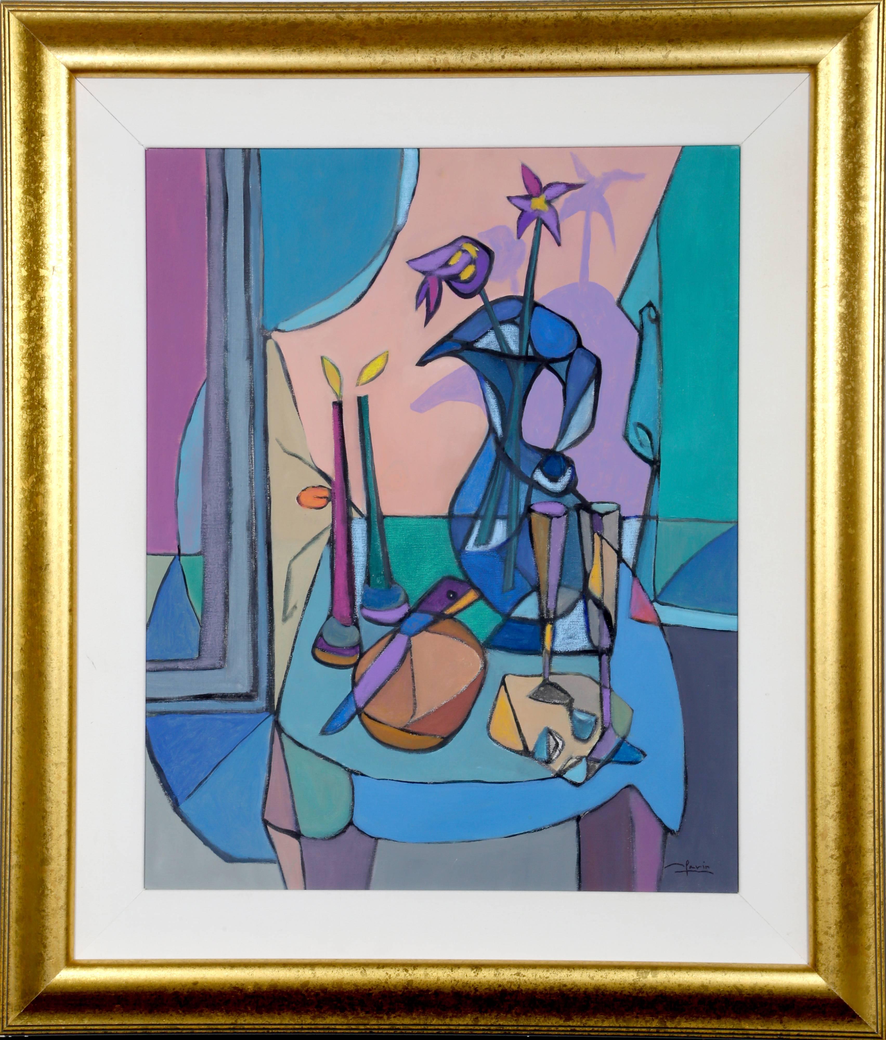 Avi Farin Interior Painting - Candlelight, Cubist Still Life Painting by Farin