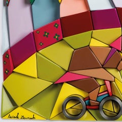 Circus Bear on Bicycle, Polystyrene, Metal, Acrylic Paint, Wall Sculpture