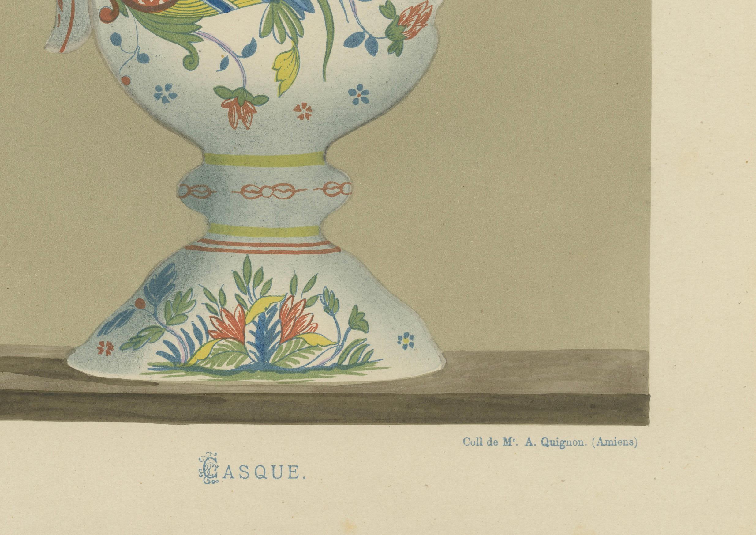 The chromolithograph features a striking ceramic piece from Sinceny, notable for its distinctive floral and aviary motifs. The piece, labeled as a 
