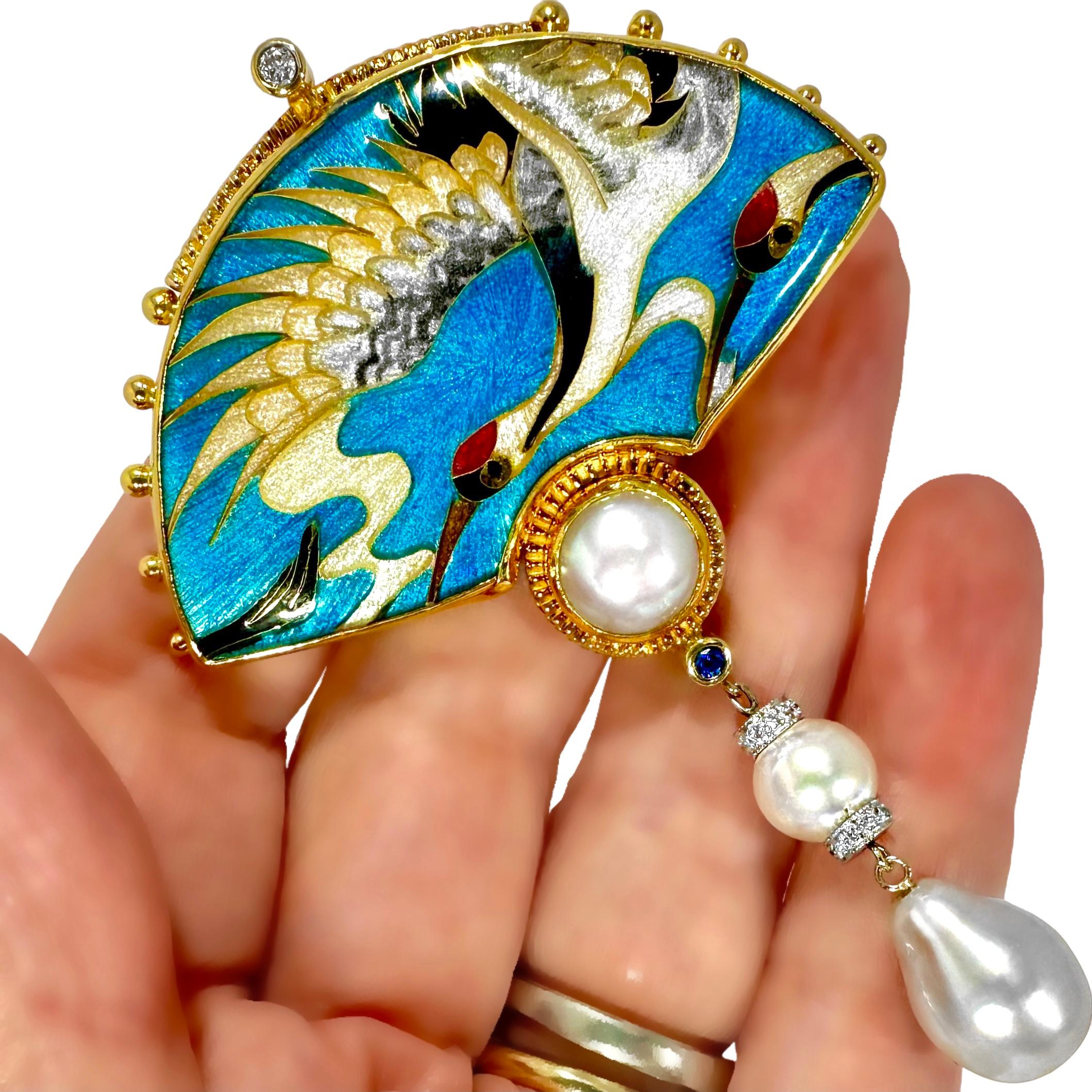 Avian Fantasy Theme, Gold, Enamel, Pearl and Sapphire Pendant by Tricia Young In Good Condition For Sale In Palm Beach, FL