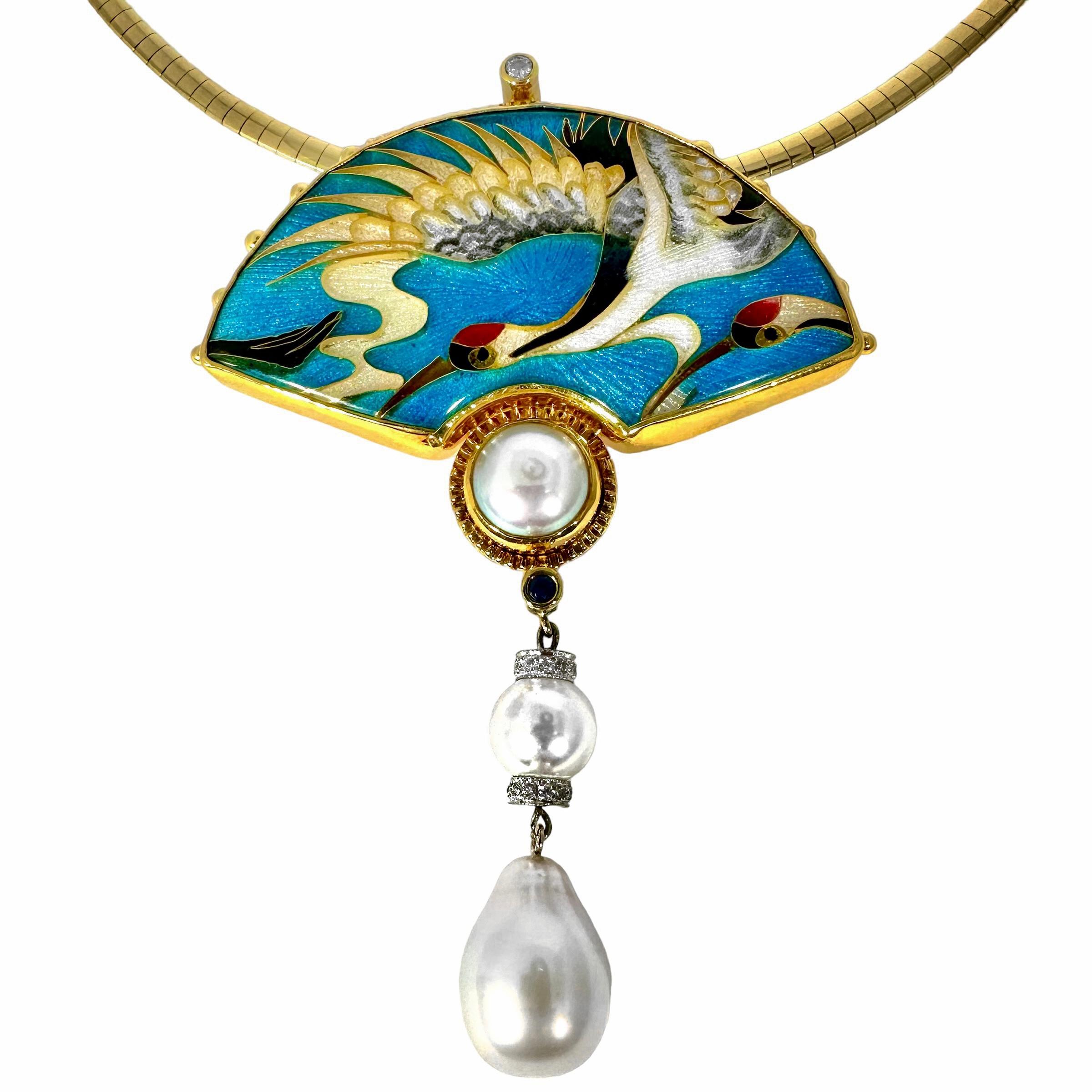 Women's Avian Fantasy Theme, Gold, Enamel, Pearl and Sapphire Pendant by Tricia Young For Sale