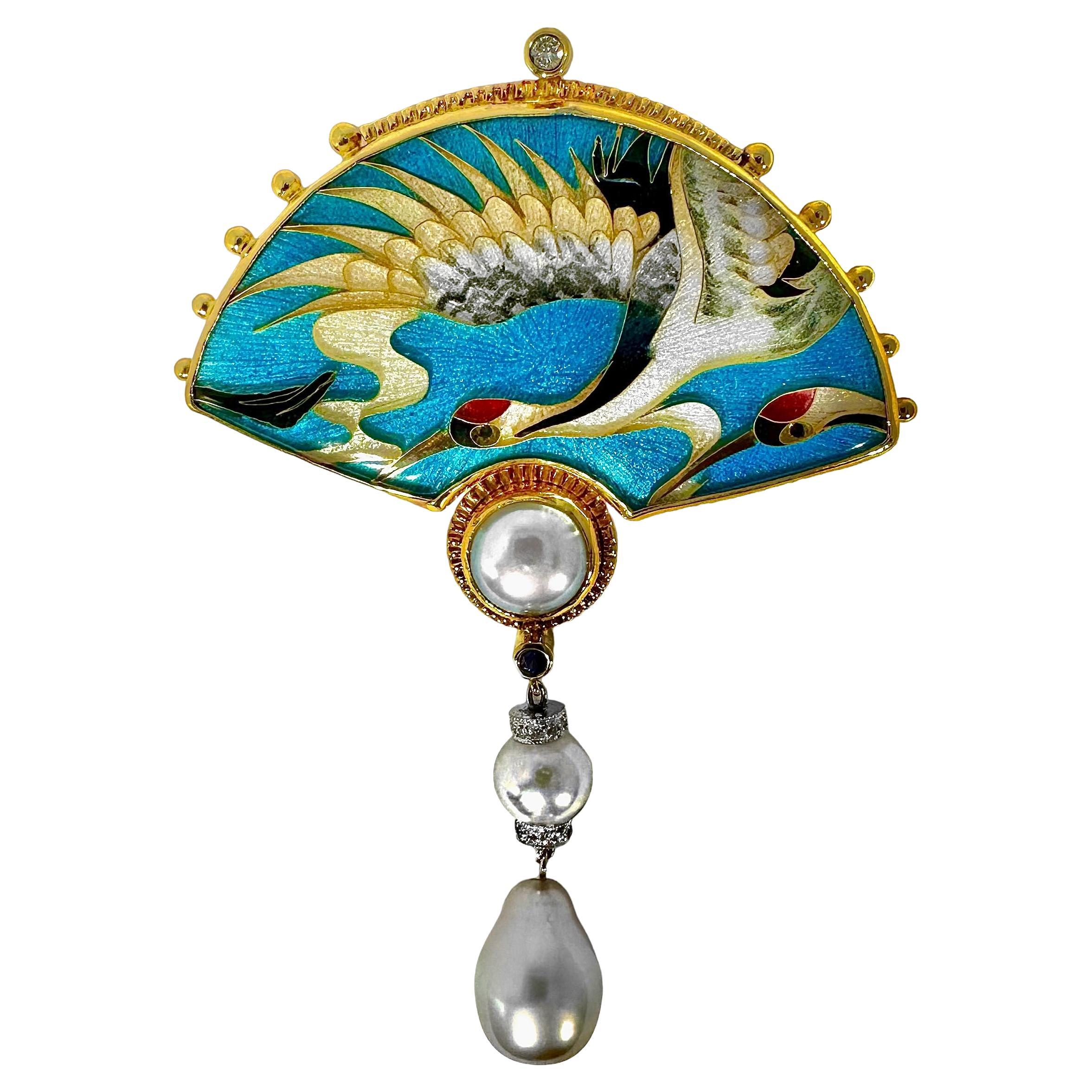 Avian Fantasy Theme, Gold, Enamel, Pearl and Sapphire Pendant by Tricia Young For Sale