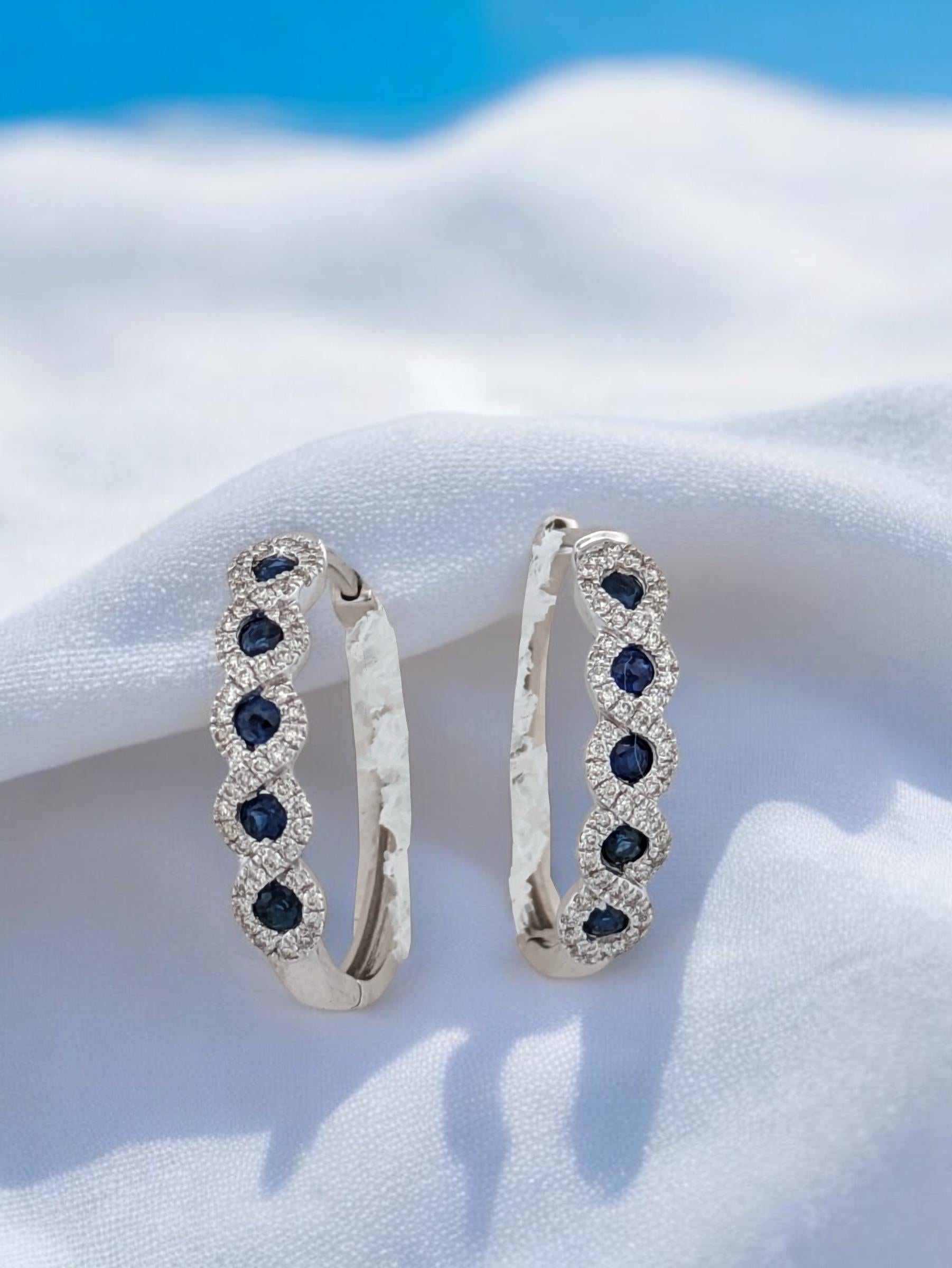 Round Cut Aviana  10k White Gold Hoop Earrings with 0.45ct Sapphires & 0.33ct Diamonds For Sale