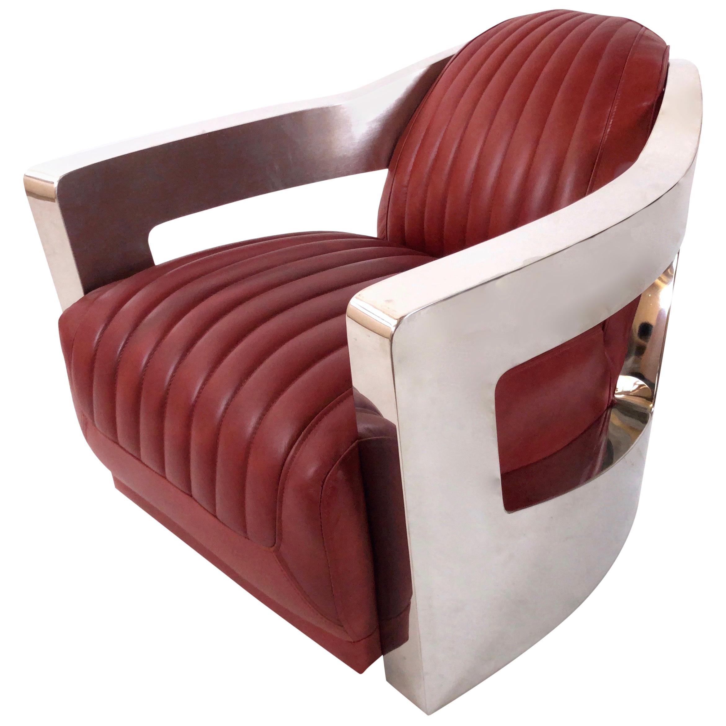 Aviator Chair in Style of Art Deco in Red and Chrome For Sale