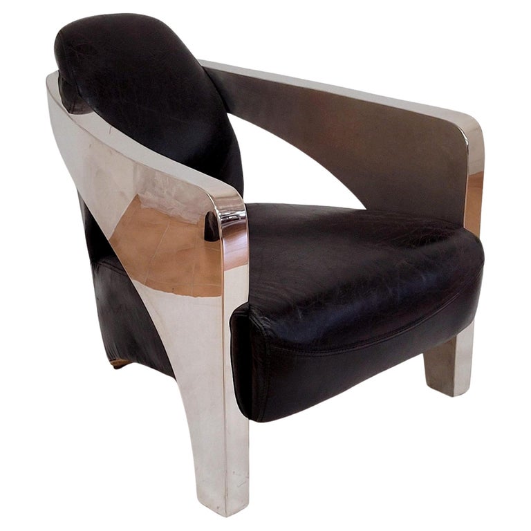 Fauteuil club aviateur DC3, en cuir pleine fleur noir et aluminum riveté