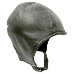 Aviator Handmade Leather & Cotton Velvet SoftHelmet Black Cap Hat, MidCentury