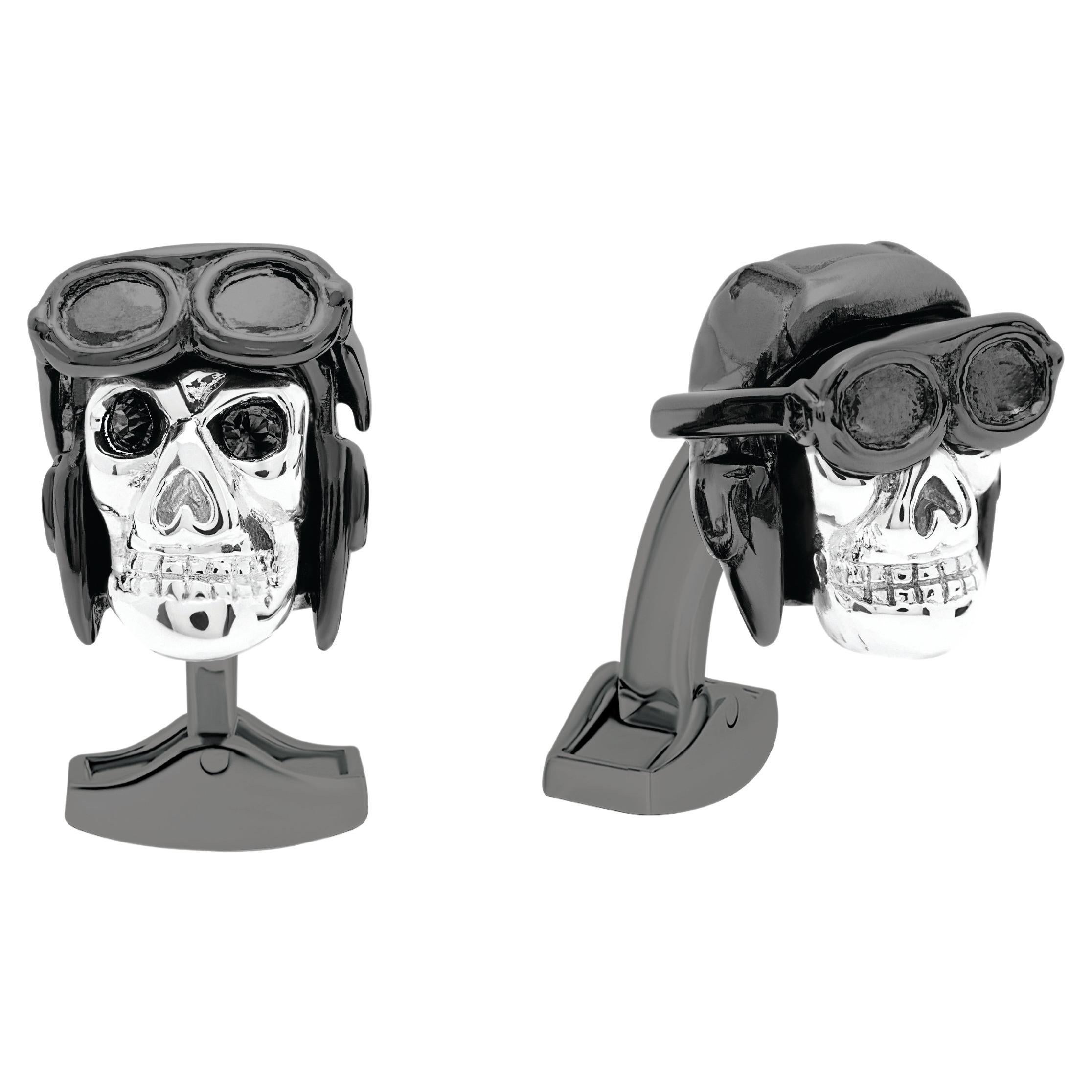 Black Gunmetal Plated Aviator Skull Cufflinks For Sale