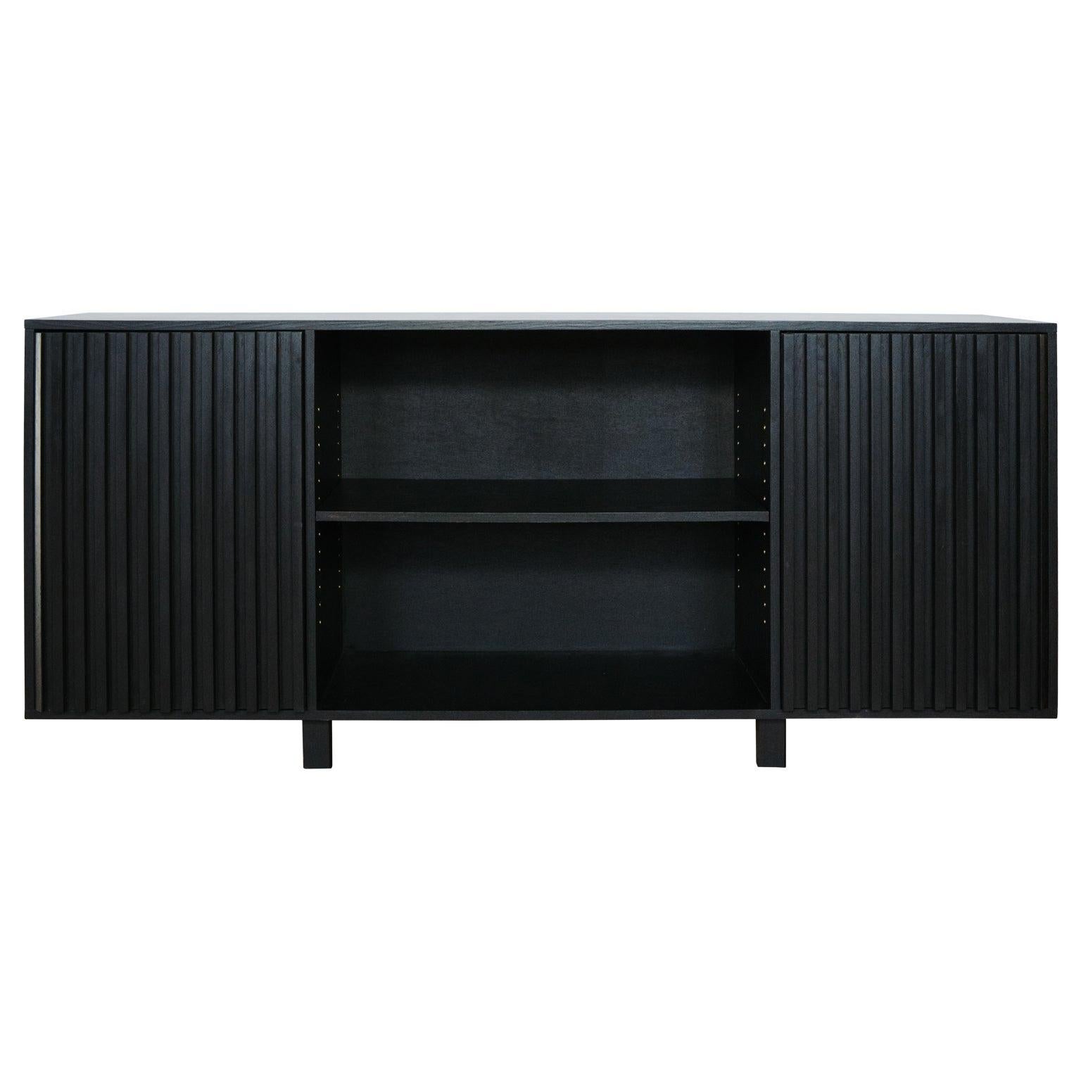 Avicenna Black Ebony Midcentury Style Credenza With Fluted Push Latch Doors For Sale