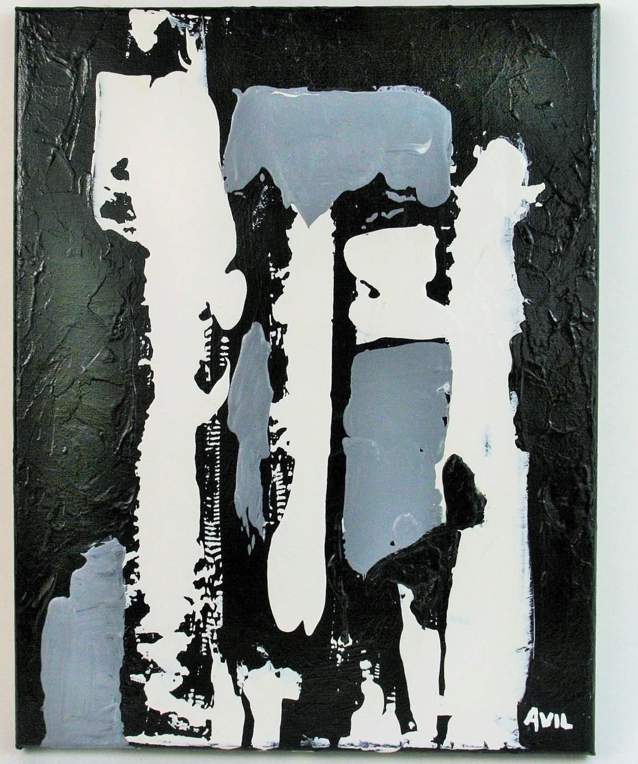 Abstract Painting Avil - Peinture abstraite en noir et blanc, huile sur toile, signée