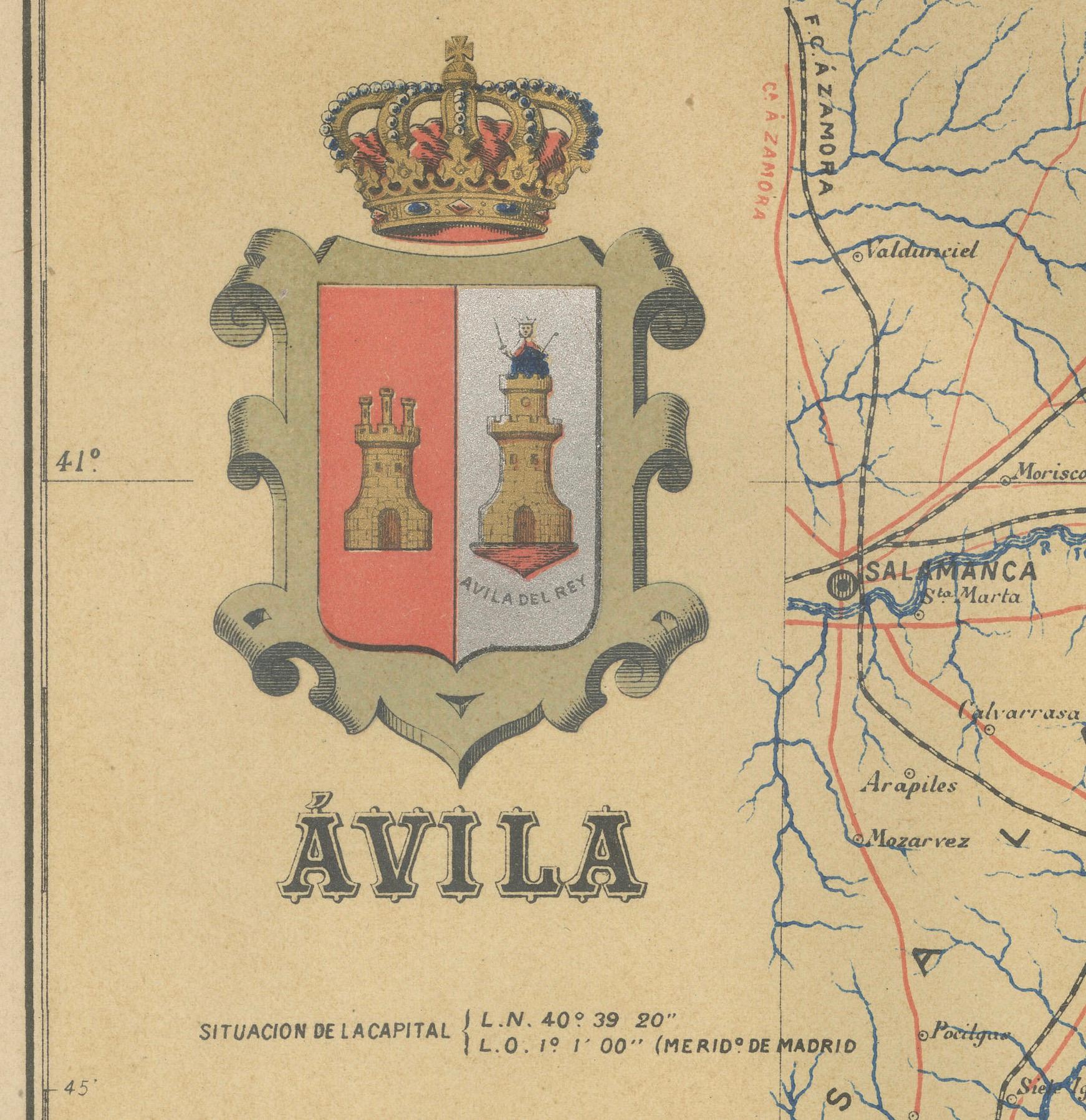 The map is of the province of Ávila, one of the provinces of the autonomous community of Castile and León in Spain, and it is dated from 1902. The map illustrates several geographic and man-made features:

It shows the varying elevations within the