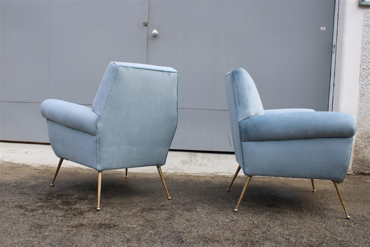 Mid-20th Century Avio Color Gigi Radice Pair of Armchairs Midcentury Italian Design Minotti Brass