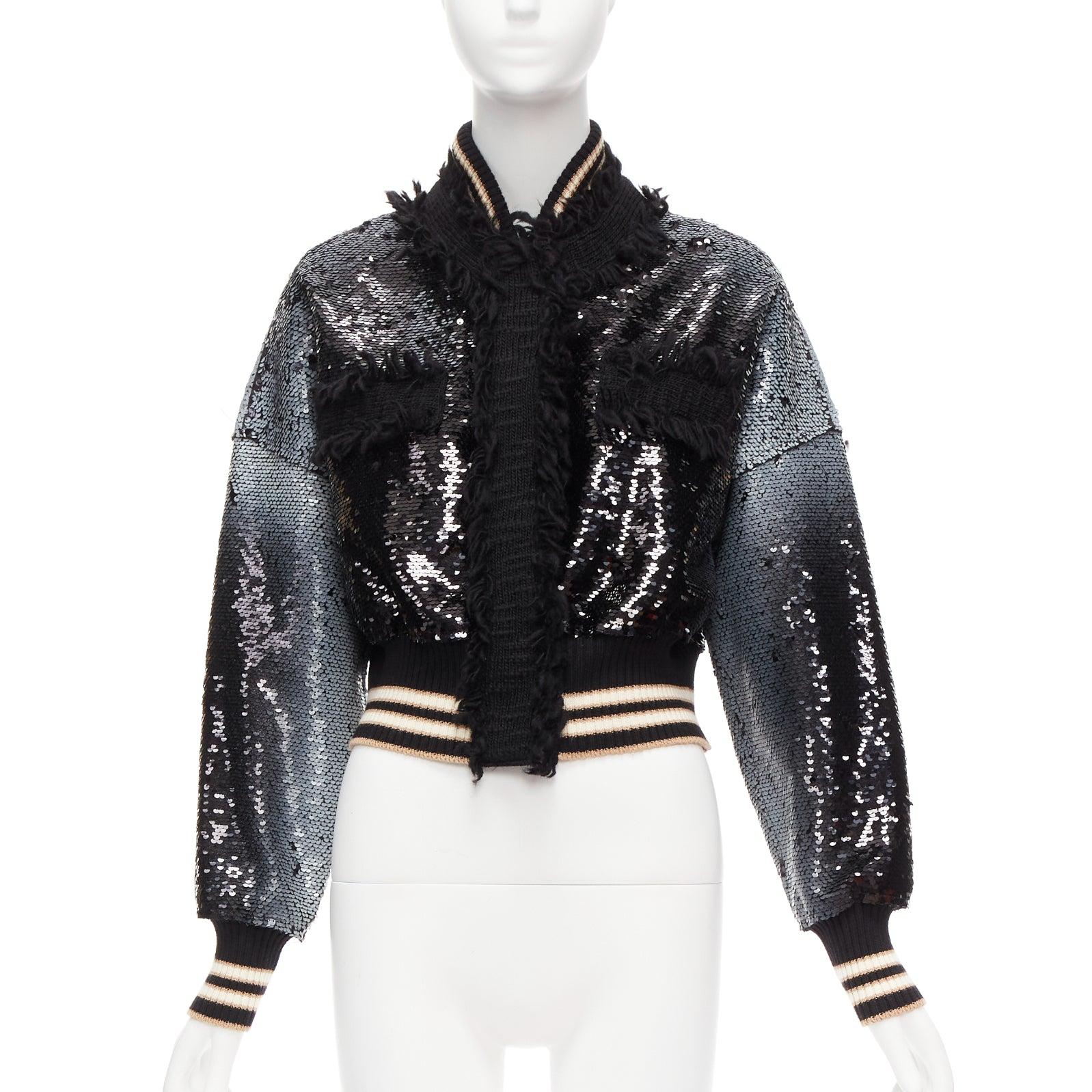 AVIU black white spray paint effect sequins cropped bomber jacket IT38 In Good Condition For Sale In Hong Kong, NT