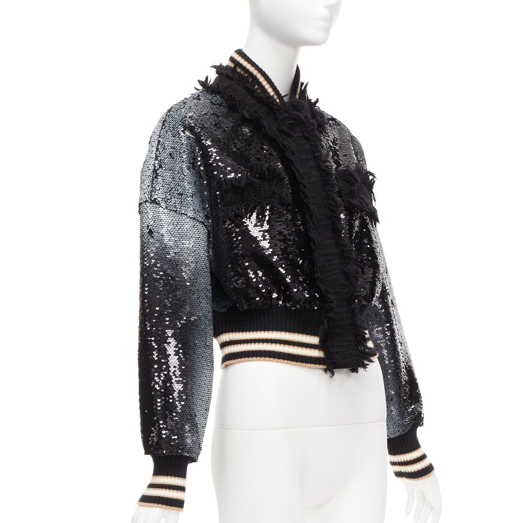 Women's AVIU black white spray paint effect sequins cropped bomber jacket IT38 For Sale