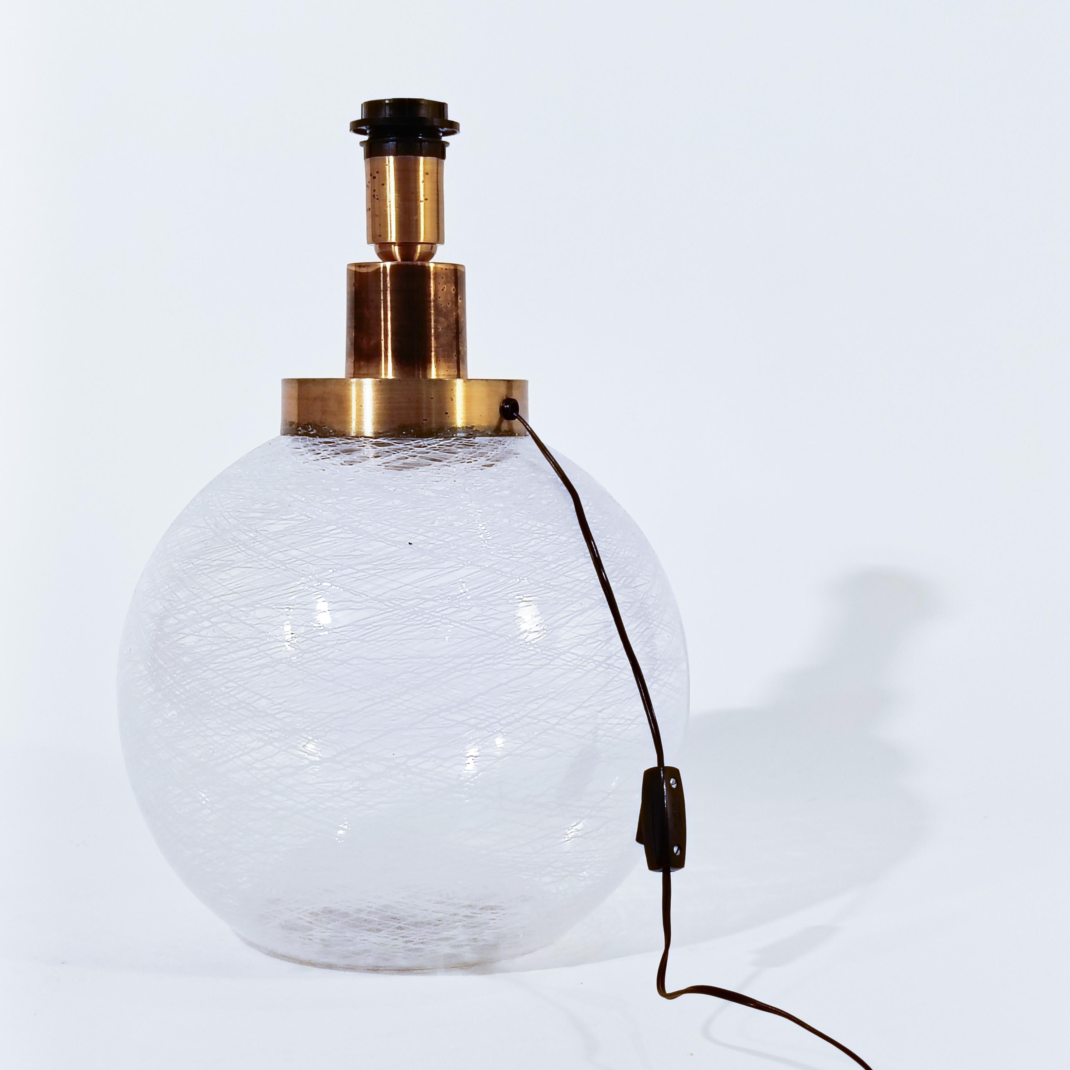 Huge Space Age and Post-Modern style Murano glass table lamp from AVMazzeza, Italy, 1970s. Large translucent Murano glass sphere combined with white stripes using the 