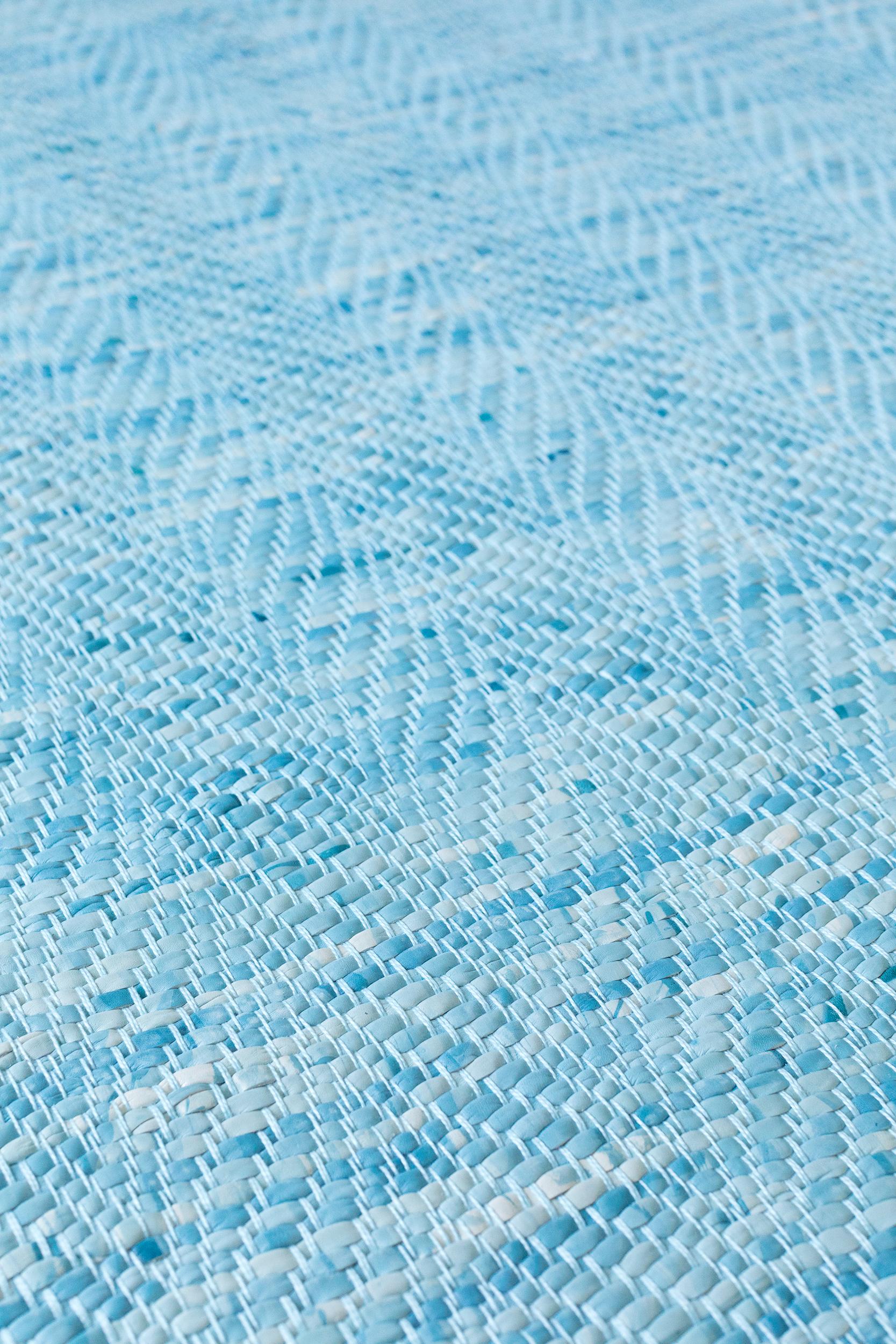 Modern Light Blue, Wave Woven Leather Rug, Hand-Dyed Leather by AVO For Sale