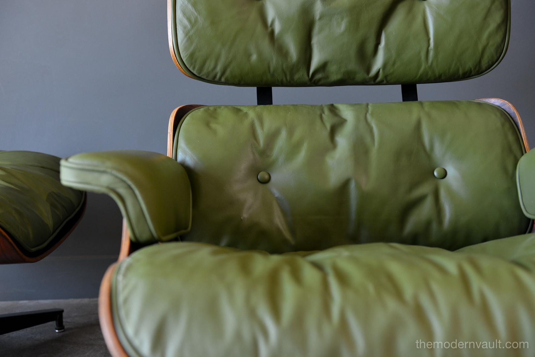 Avocado Green Leather Eames Lounge Chair and Ottoman, 1967 1