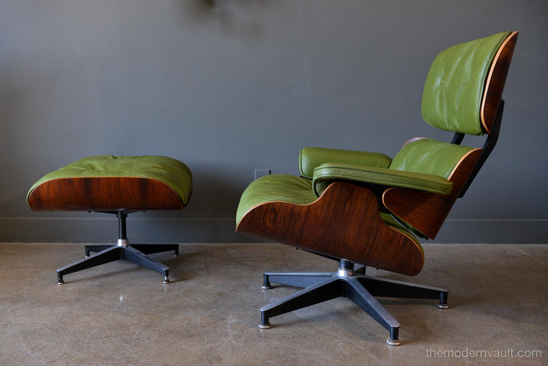 Avocado green leather Eames lounge chair and ottoman, 1967. This green color was a special order for a client in 1967, original rosewood frame and ottoman with original floor glides. Shock mounts were replaced by Hume Modern in 2011. Down filled