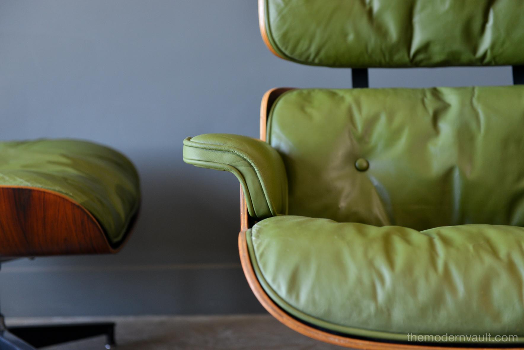 American Avocado Green Leather Eames Lounge Chair and Ottoman, 1967
