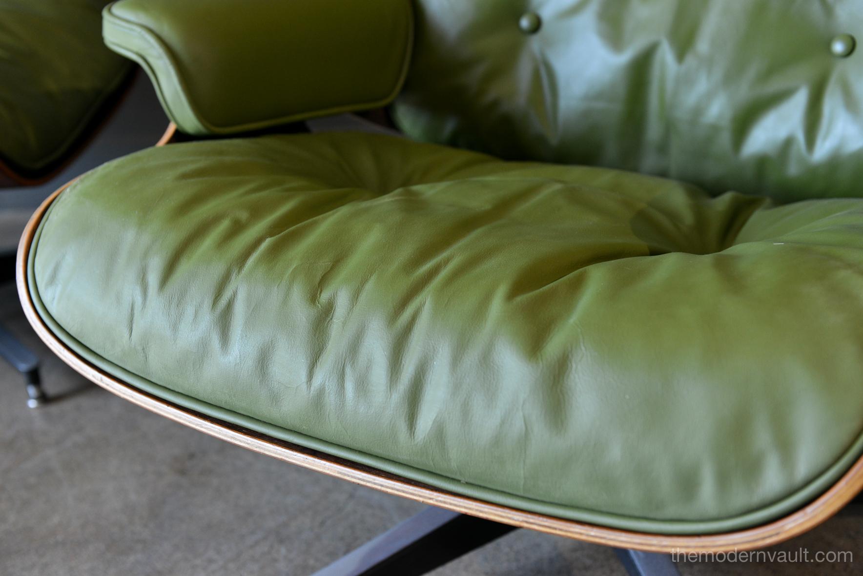 Mid-20th Century Avocado Green Leather Eames Lounge Chair and Ottoman, 1967